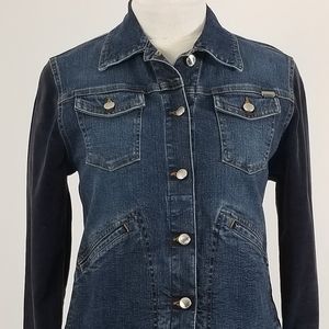 Escada denim jacket with navy velvet sleeves